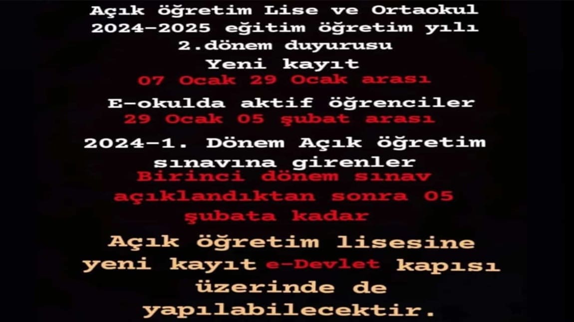 Açık Öğretim Lise ve Ortaokul 2024-2025 Eğitim-Öğretim Yılı 2. Dönem Duyurusu